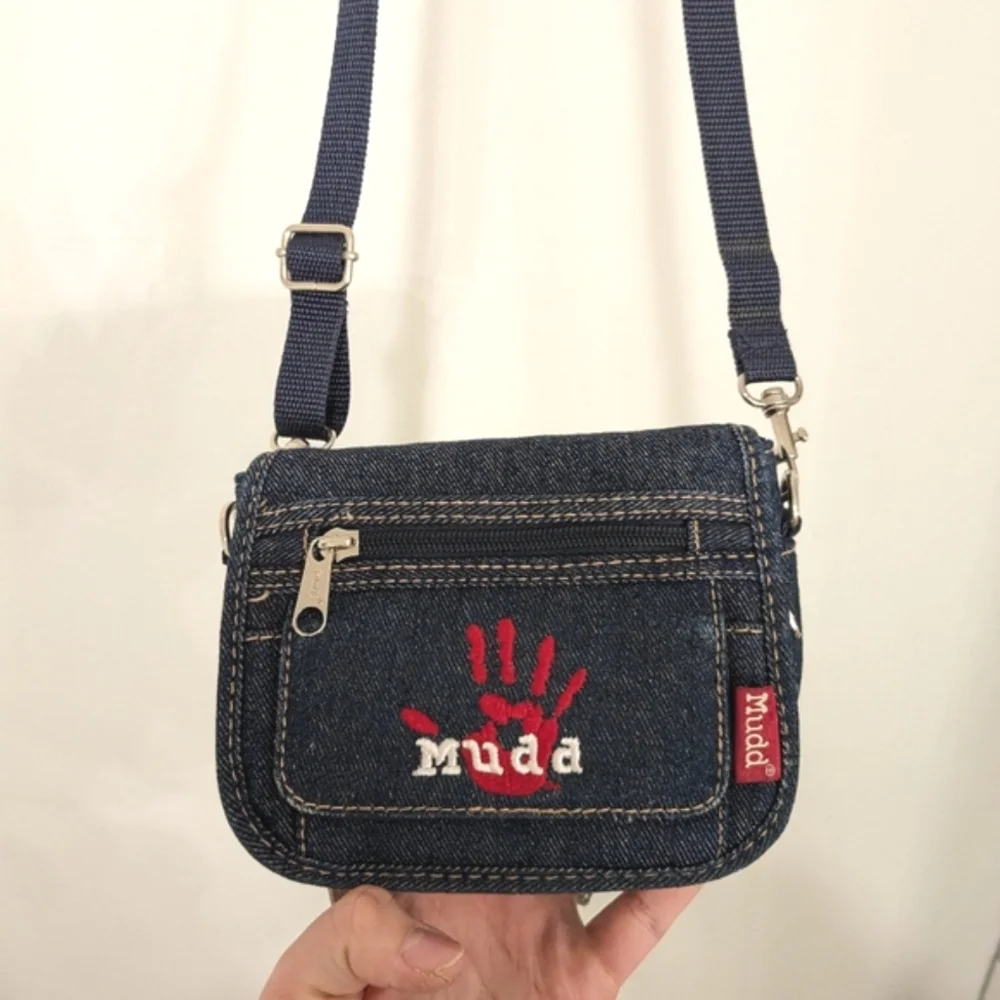 Vintage Denim Crossbody Bag with Red Handprint Accent